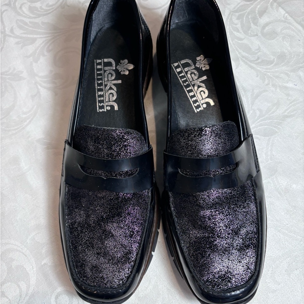 Reiker Antistress Patent Leather Wedge Shoe Slip On Black Glitter Size 6.5(40)